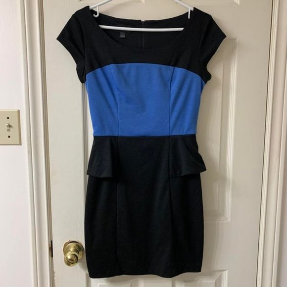 🌷3 for$25🌷Iz Byer, US 7, Black & Blue Colour Blocked Cap Sleeved Peplum Dress - Picture 3 of 7
